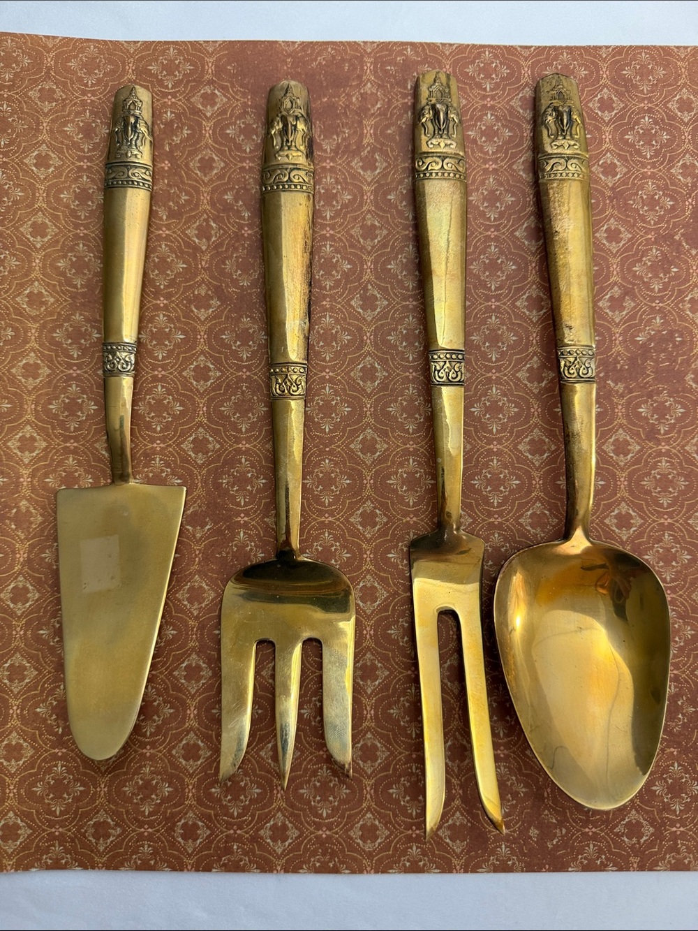 Vintage Thai Ornate Gold-Tone Serving Utensil Set of 4 Heavy MCM by Chao Phya